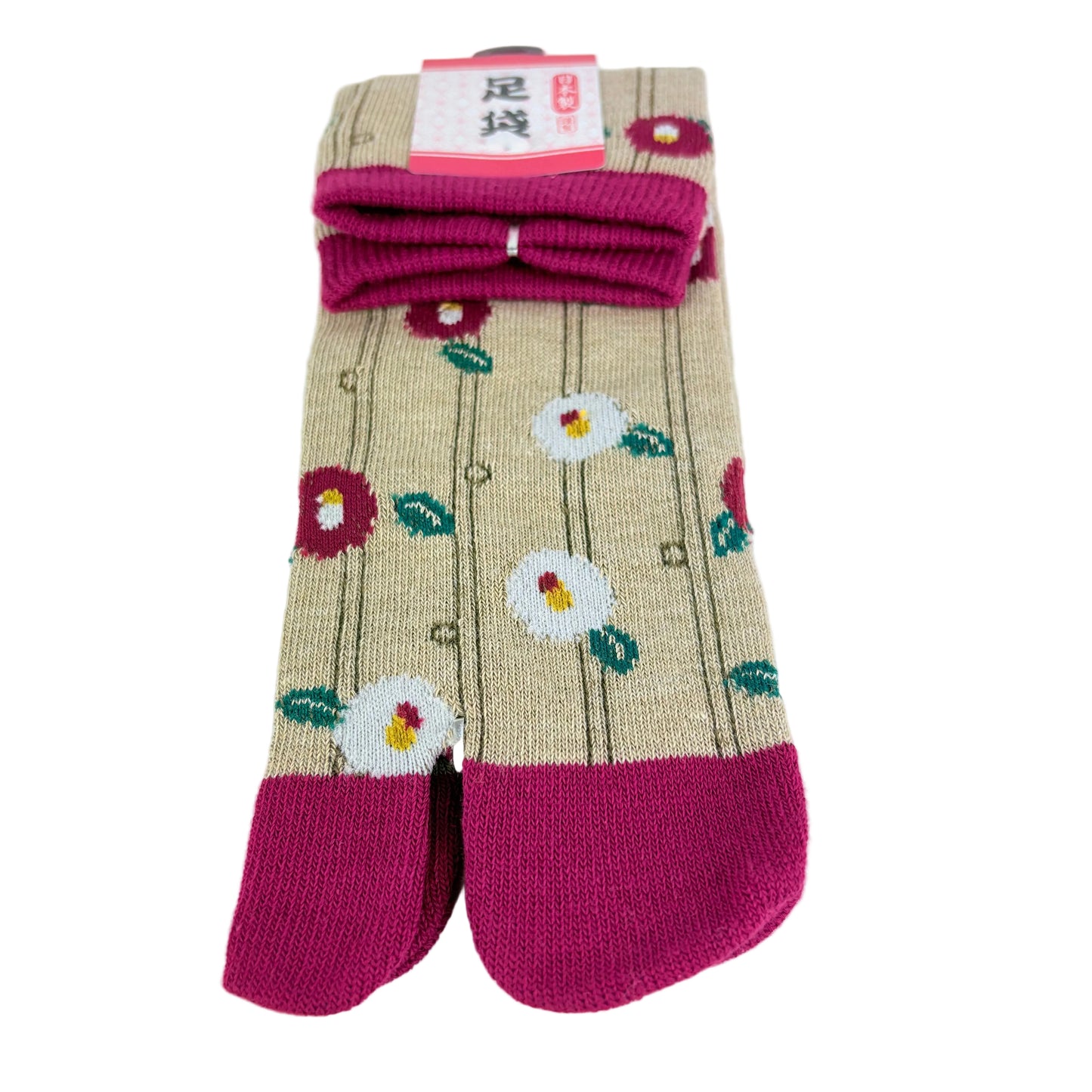 Tabi ponožky – Květinový vzor (tsubaki) béžová/růžová | 22–25 cm | Made in Japan