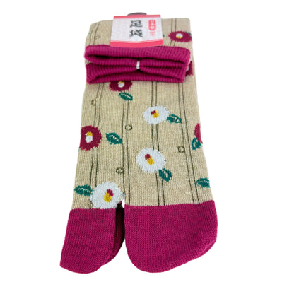 Tabi ponožky – Květinový vzor (tsubaki) béžová/růžová | 22–25 cm | Made in Japan
