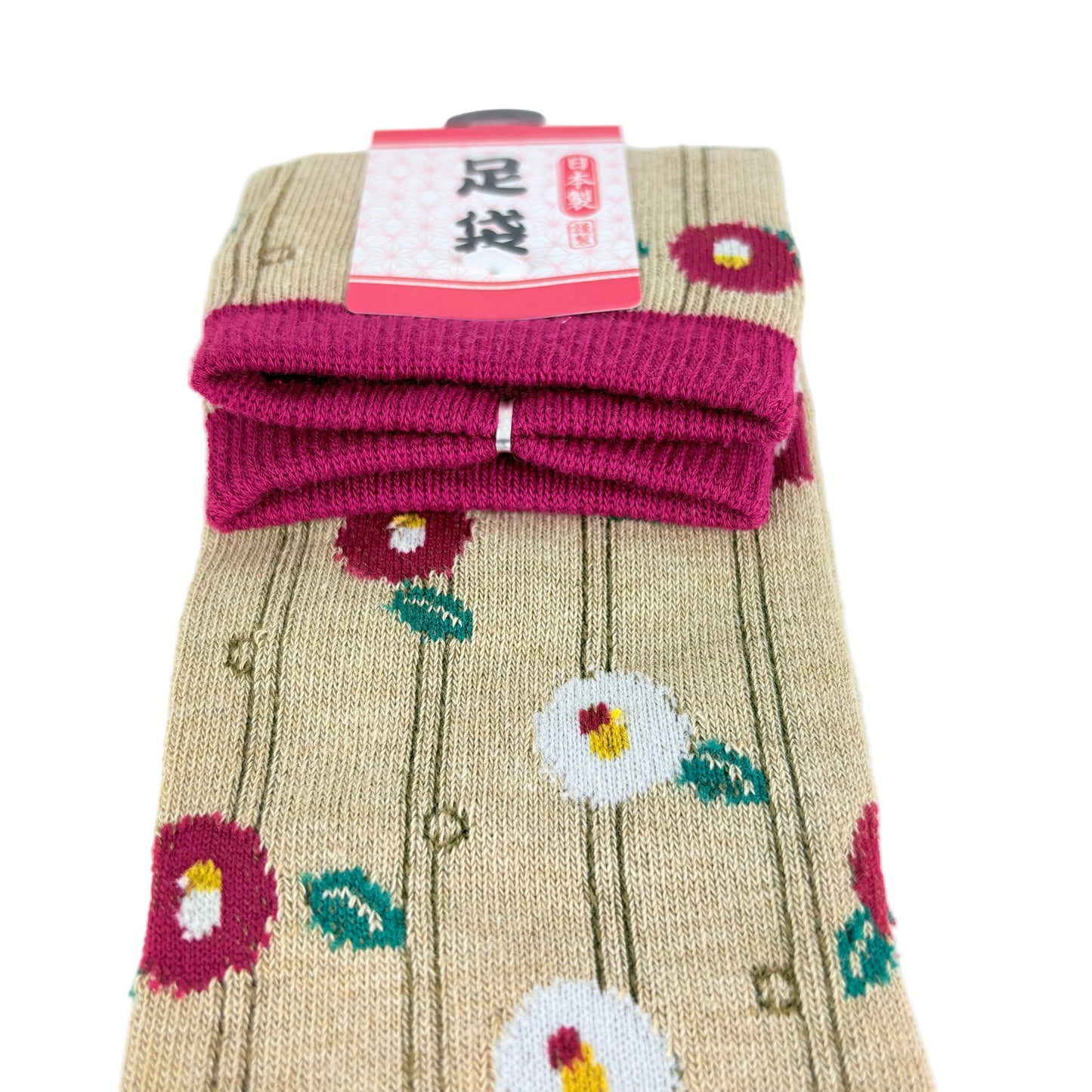 Tabi ponožky – Květinový vzor (tsubaki) béžová/růžová | 22–25 cm | Made in Japan