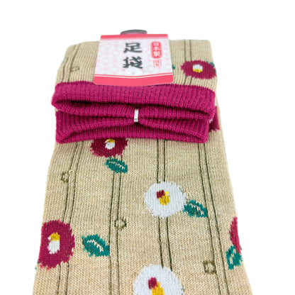 Tabi ponožky – Květinový vzor (tsubaki) béžová/růžová | 22–25 cm | Made in Japan