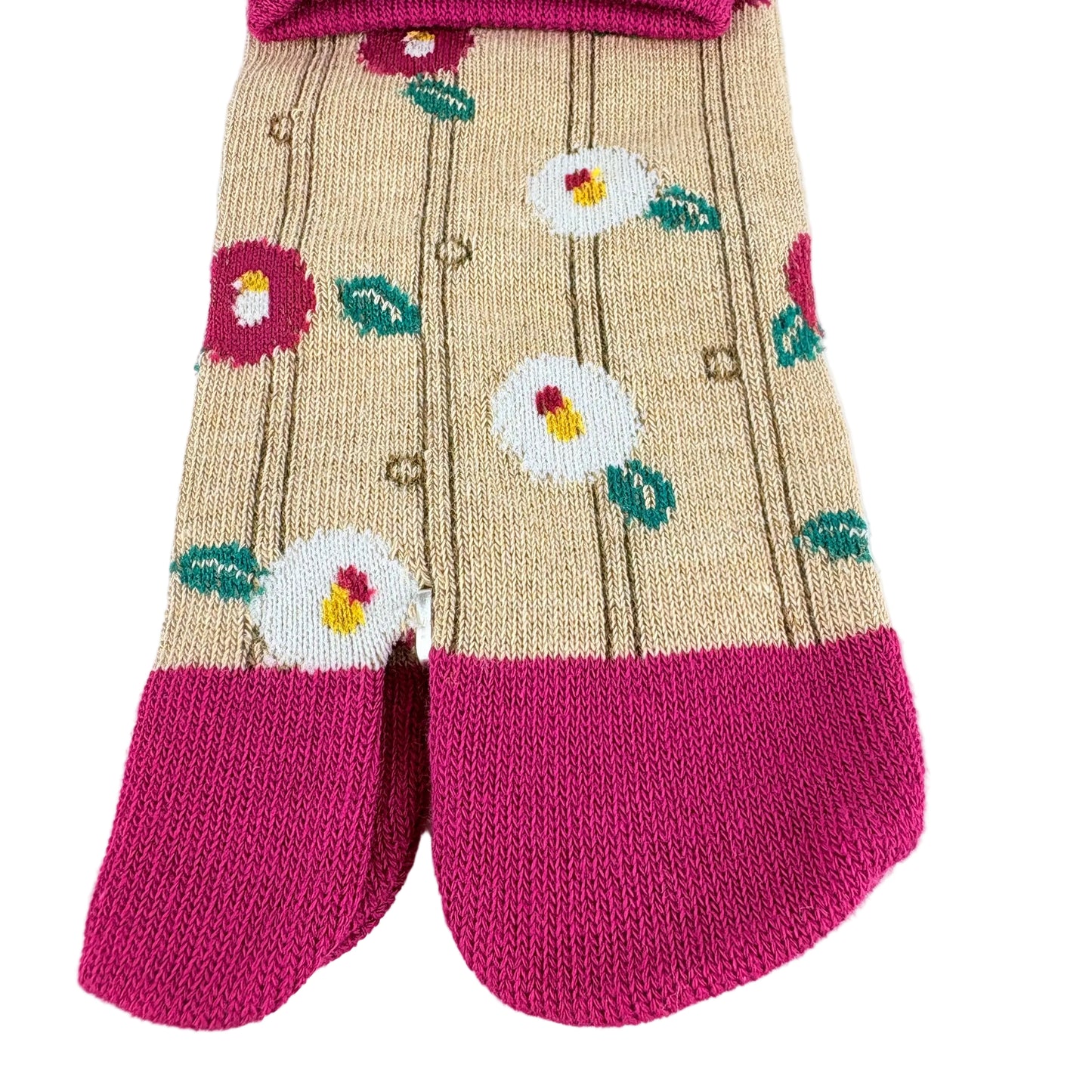 Tabi ponožky – Květinový vzor (tsubaki) béžová/růžová | 22–25 cm | Made in Japan