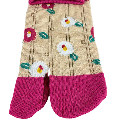 Tabi ponožky – Květinový vzor (tsubaki) béžová/růžová | 22–25 cm | Made in Japan