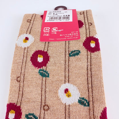 Tabi ponožky – Květinový vzor (tsubaki) béžová/růžová | 22–25 cm | Made in Japan