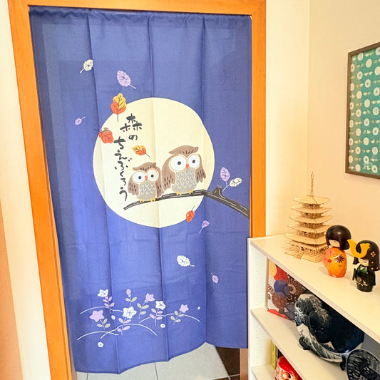 Noren závěs Moudré sovy modrý 85 × 150 cm | Made in Japan