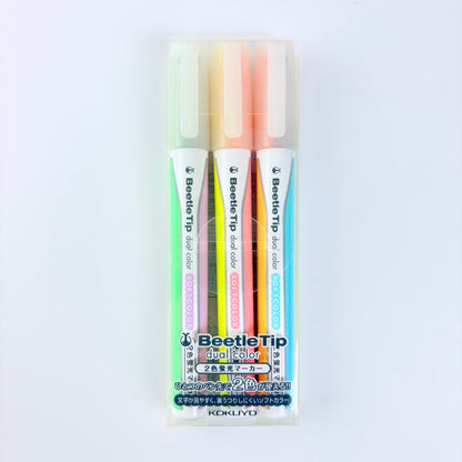 Zvýrazňovače KOKUYO Beetle Tip Dual Color Soft Color 3 ks | Made in Japan