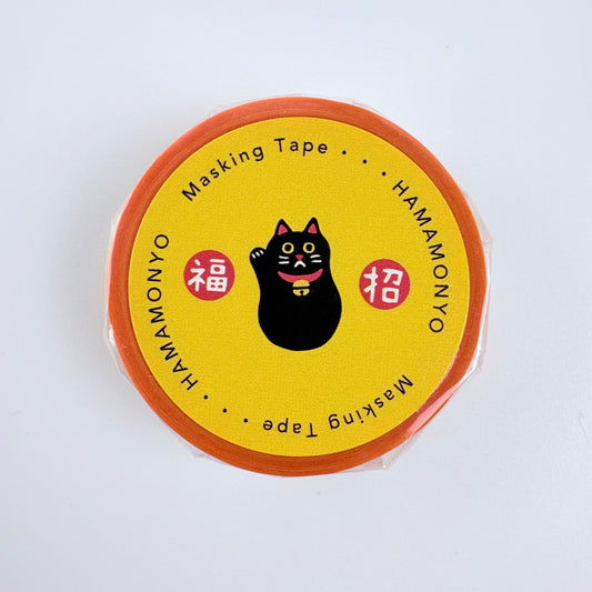 Washi páska HAMAMONYO – Maneki neko na oranžovém podkladu, 15 mm × 5 m