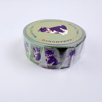 Washi páska HAMAMONYO – Kuro Shiba na zeleném podkladu, 15 mm × 5 m