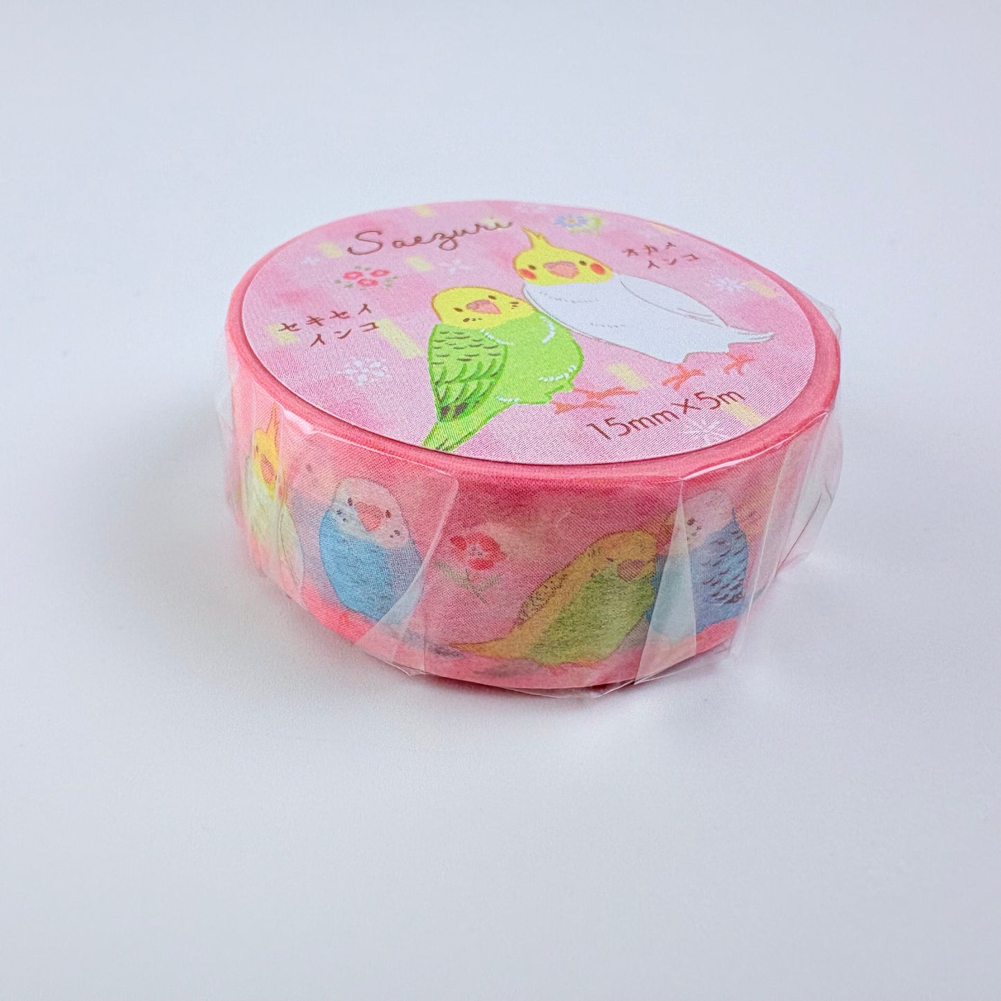 Washi páska NB – Andulky a korely na růžovém podkladu, 15 mm × 5 m