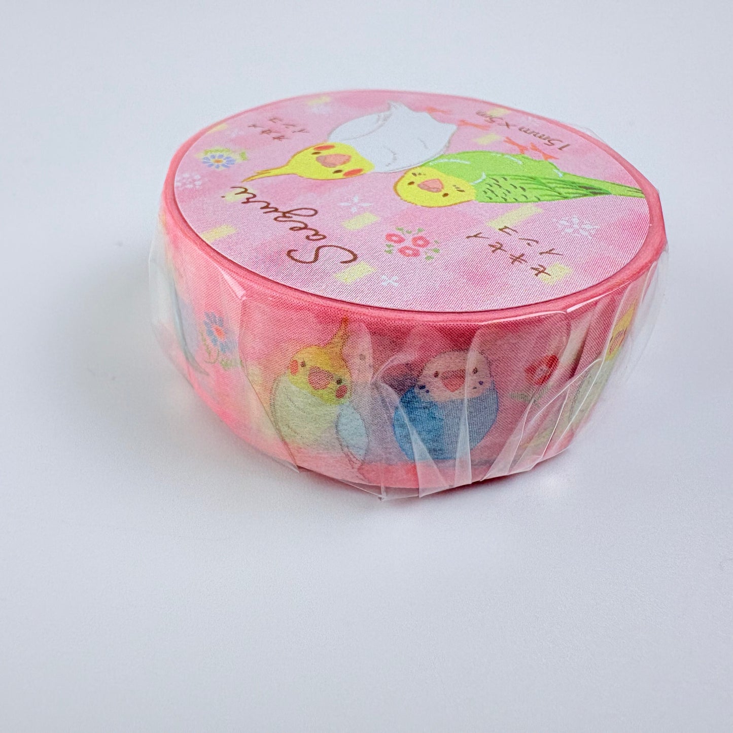 Washi páska NB – Andulky a korely na růžovém podkladu, 15 mm × 5 m