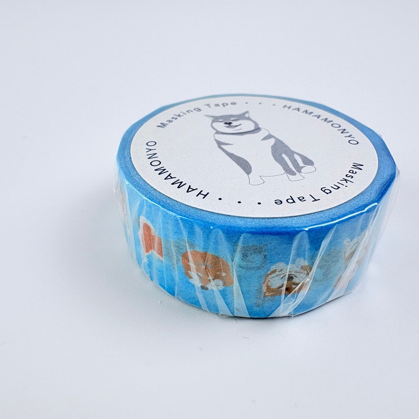 Washi páska HAMAMONYO – Shiba inu na modrém podkladu, 15 mm × 5 m