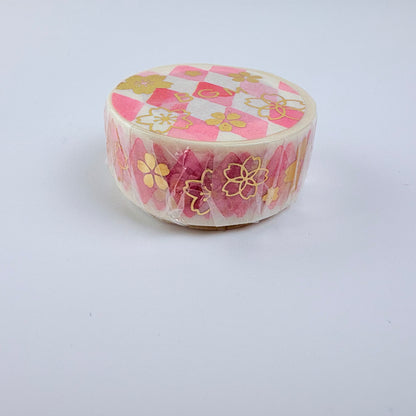 Washi páska BGM – Sakura a růžové kosočtverce, 15 mm × 7 m