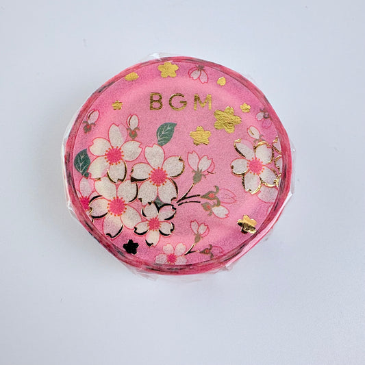 Washi páska BGM – Sakura se zlatými detaily, 15 mm × 7 m