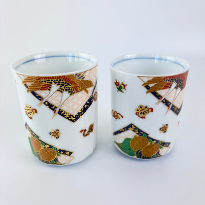 Japonské čajové šálky Mino ware – jeřábi a želva, pár v dřevěné krabičce Made in Japan