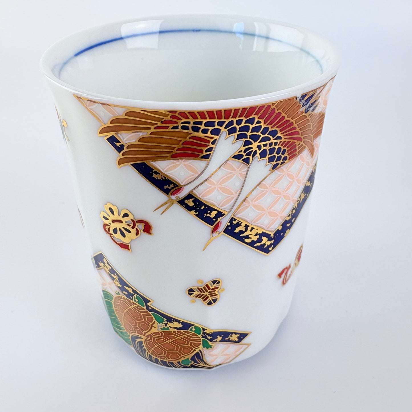 Japonské čajové šálky Mino ware – jeřábi a želva, pár v dřevěné krabičce Made in Japan
