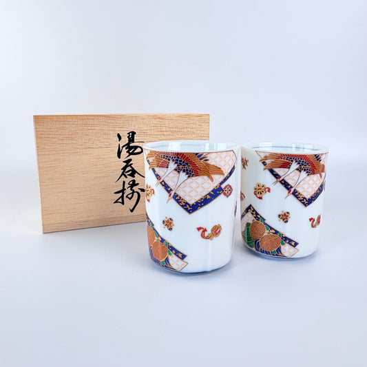Japonské čajové šálky Mino ware – jeřábi a želva, pár v dřevěné krabičce Made in Japan