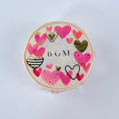 Washi páska BGM – Růžová srdíčka se zlatými detaily, 15 mm × 7 m