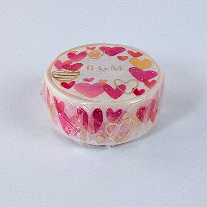 Washi páska BGM – Růžová srdíčka se zlatými detaily, 15 mm × 7 m