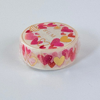 Washi páska BGM – Růžová srdíčka se zlatými detaily, 15 mm × 7 m