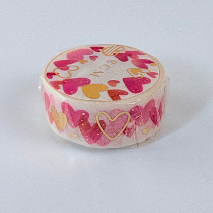 Washi páska BGM – Růžová srdíčka se zlatými detaily, 15 mm × 7 m