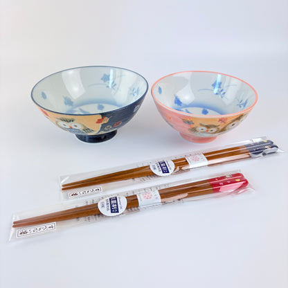 Japonská dárková sada misek na rýži a hůlek Fukurō – sovy, 4 díly, Made in Japan