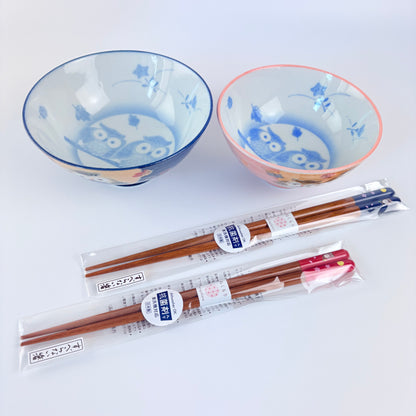 Japonská dárková sada misek na rýži a hůlek Fukurō – sovy, 4 díly, Made in Japan