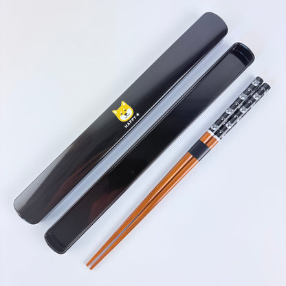 Japonské bambusové hůlky s pouzdrem Shiba Inu – černé, 22,5 cm, Made in Japan