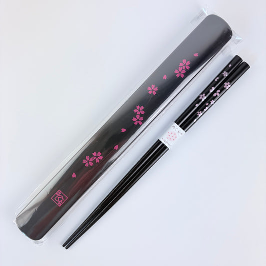 Japonské hůlky s pouzdrem Sakura – černé, 22,5 cm, Made in Japan
