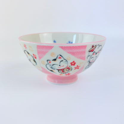Japonská miska na rýži Maneki Neko – růžová, Mino-yaki, Made in Japan