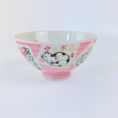 Japonská miska na rýži Maneki Neko – růžová, Mino-yaki, Made in Japan