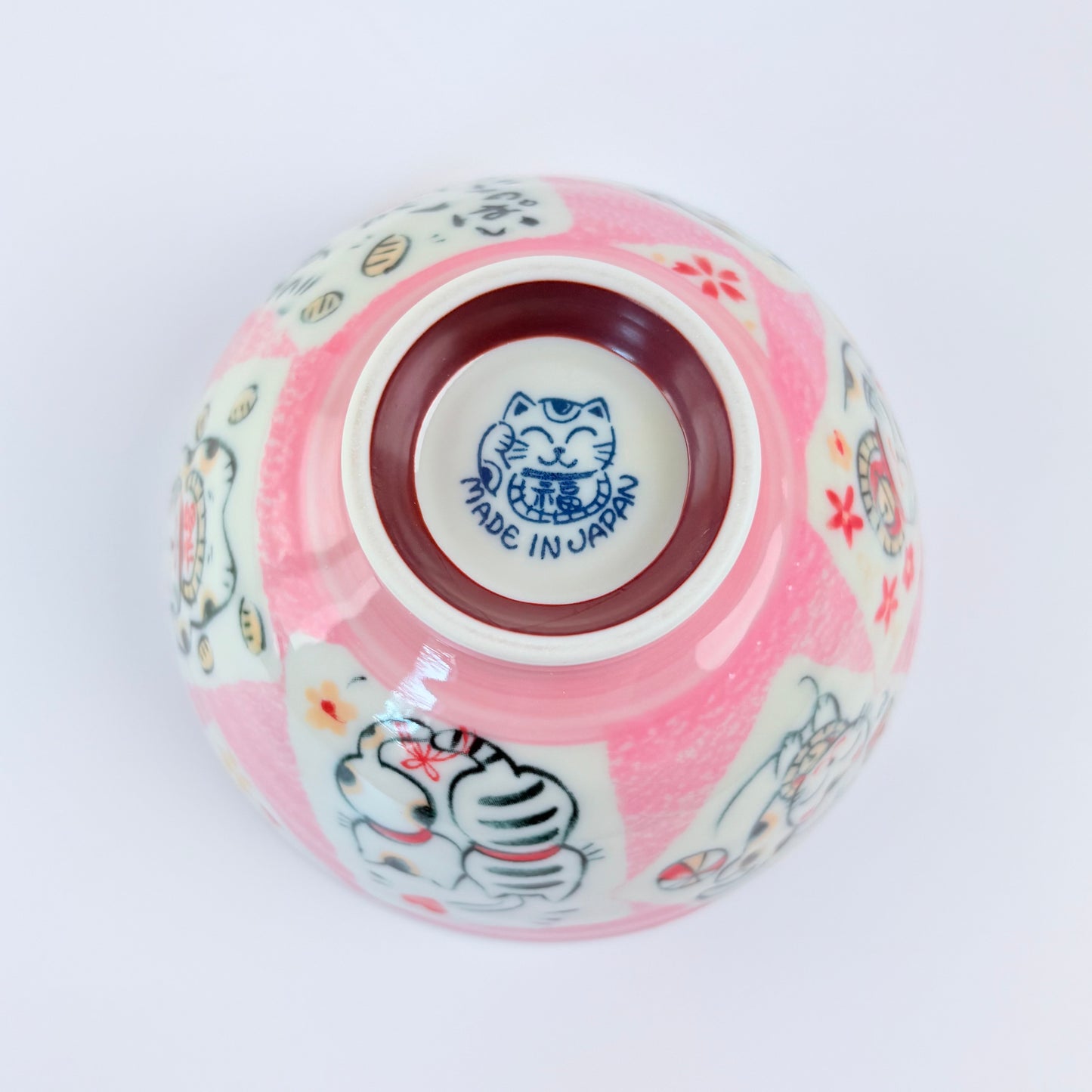 Japonská miska na rýži Maneki Neko – růžová, Mino-yaki, Made in Japan