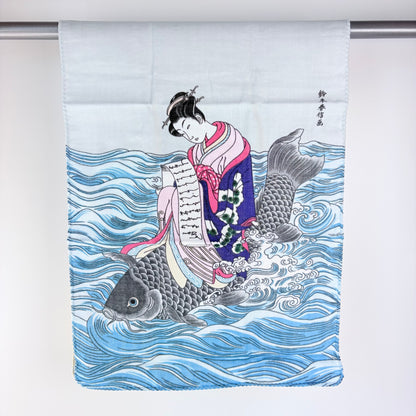 Japonské gauzové tenugui Ukiyo-e – žena s dopisem a kapry | Made in Japan