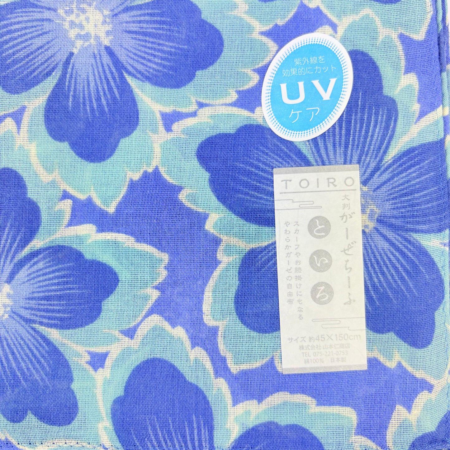 Japonský bavlněný šál TOIRO Modré květy s UV úpravou – Made in Japan