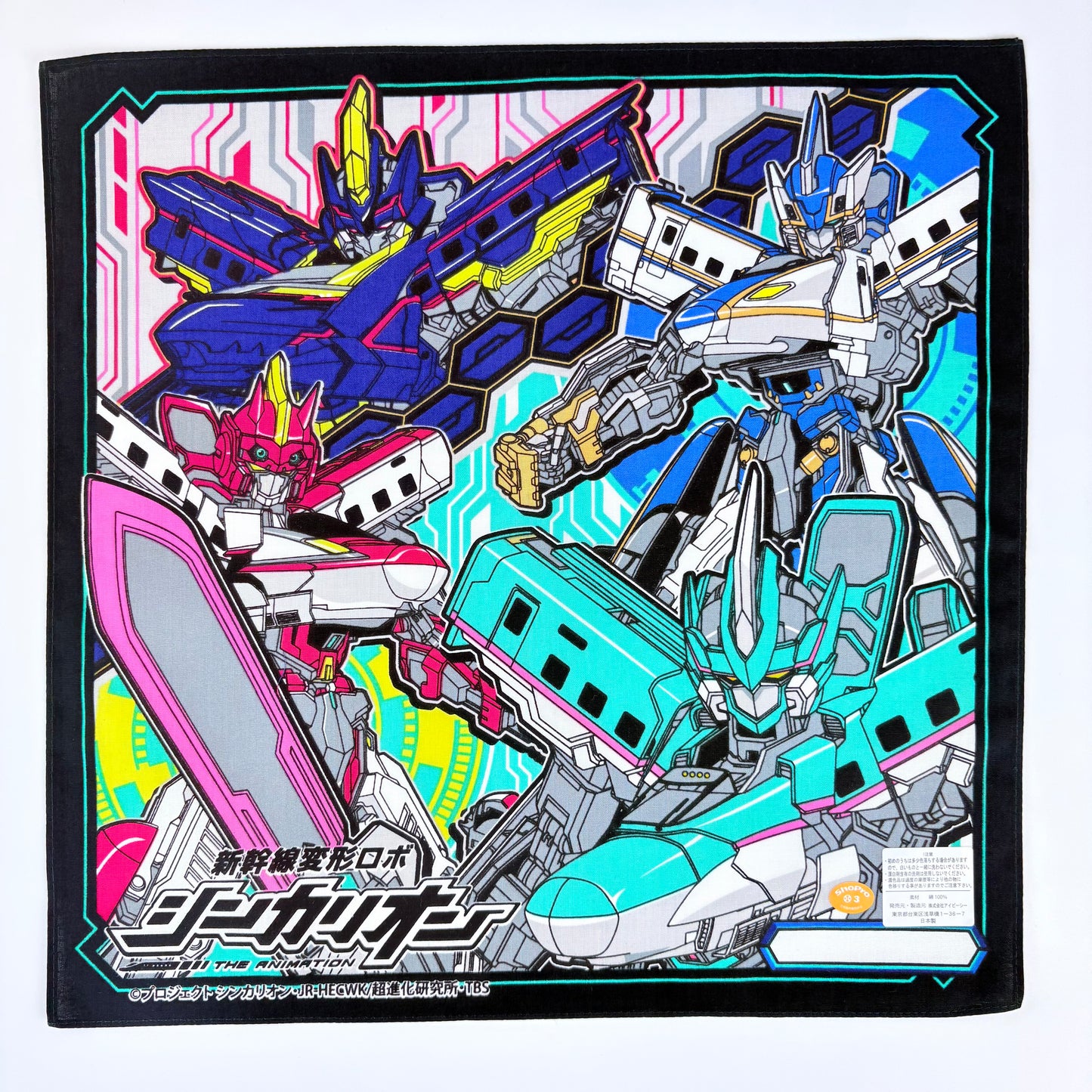 Japonský bavlněný šátek Shinkalion – roboti šinkansen 30 × 30 cm – Made in Japan