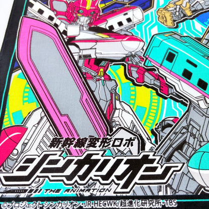 Japonský bavlněný šátek Shinkalion – roboti šinkansen 30 × 30 cm – Made in Japan