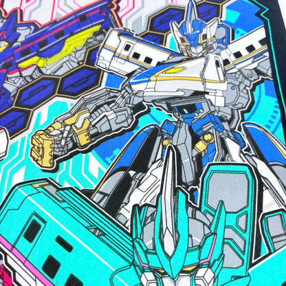 Japonský bavlněný šátek Shinkalion – roboti šinkansen 30 × 30 cm – Made in Japan