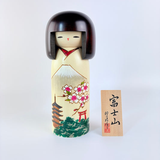 Kokeshi-Original Fujisan – Berg Fuji und Kirschblüten | Usaburo | Hergestellt in Japan