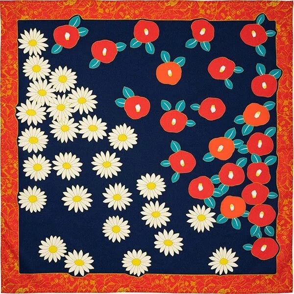 Furoshiki Camellia & Chrysanthemum 100 × 100 cm / organická bavlna / Made in Japan – Kyoto